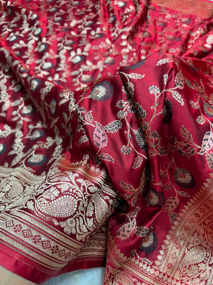 Maroon Shades Floral Minakari Jaal Pattern Mashru Silk Saree