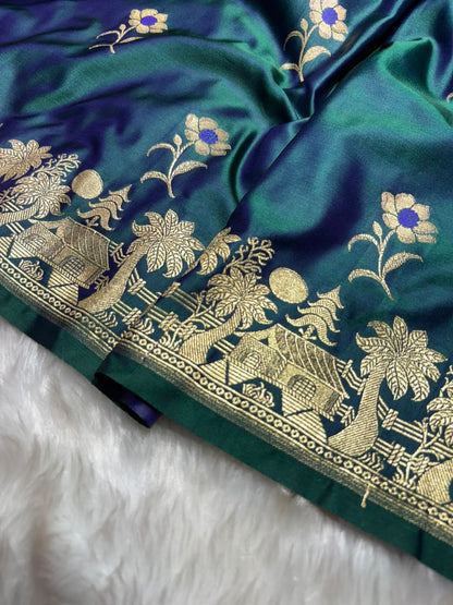 Cross Dark Peacock Shades Banarasi Boota Pattern Minakari Floral Mashru Silk Saree