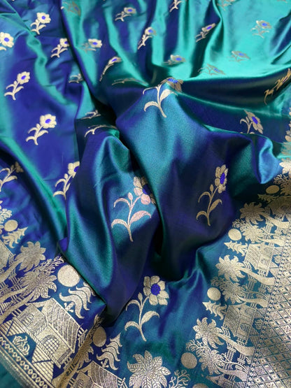 Cross Dark Peacock Shades Banarasi Boota Pattern Minakari Floral Mashru Silk Saree