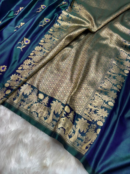 Cross Dark Peacock Shades Banarasi Boota Pattern Minakari Floral Mashru Silk Saree