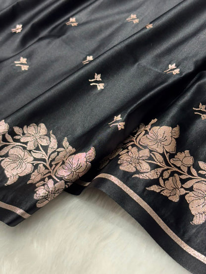 Black Shades Banarasi Floral Booti With Floral Border Mashru Silk Saree