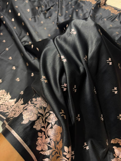 Black Shades Banarasi Floral Booti With Floral Border Mashru Silk Saree