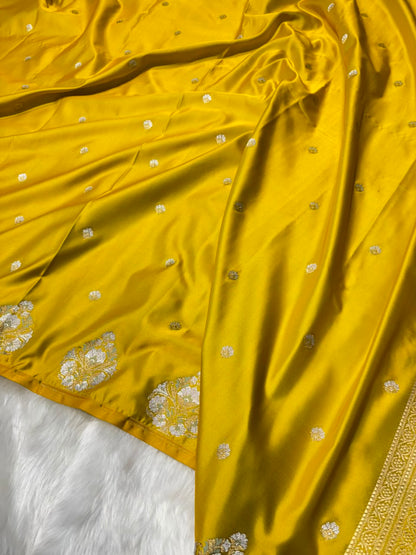 Mustard Yellow Shades Booti with Floral Border Mashru Silk Saree