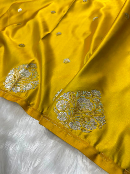 Mustard Yellow Shades Booti with Floral Border Mashru Silk Saree