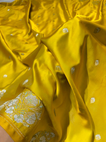 Mustard Yellow Shades Booti with Floral Border Mashru Silk Saree