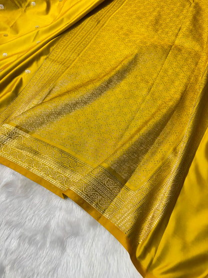 Mustard Yellow Shades Booti with Floral Border Mashru Silk Saree