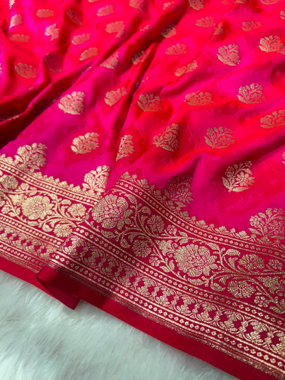Rani Pink Shades Floral Booti with Tanchoi Pattern Mashru Silk Saree