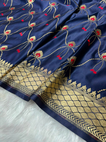 Navy Blue Shades Minakari Jaal Pattern Mashru Silk Saree