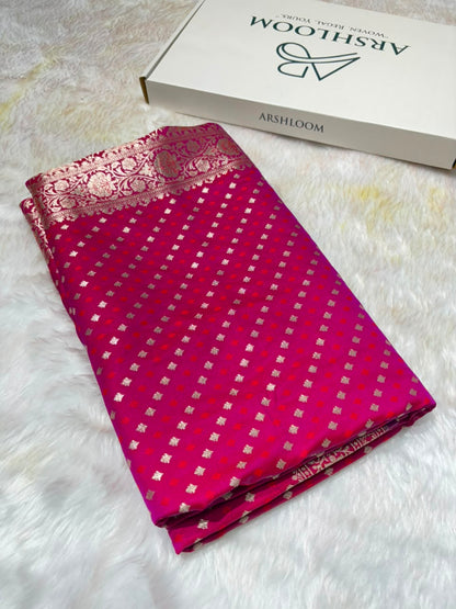 Cross Floral Dot Motifs Banarasi Mashru Silk Saree in Rani Pink Shades