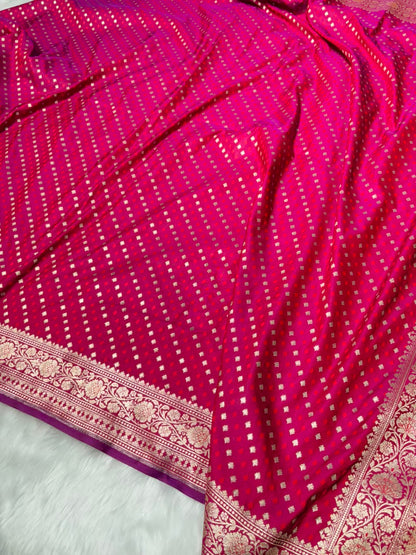 Cross Floral Dot Motifs Banarasi Mashru Silk Saree in Rani Pink Shades