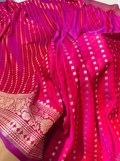 Cross Floral Dot Motifs Banarasi Mashru Silk Saree in Rani Pink Shades