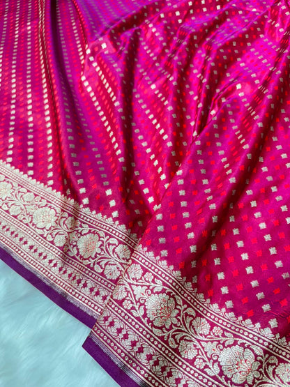 Cross Floral Dot Motifs Banarasi Mashru Silk Saree in Rani Pink Shades