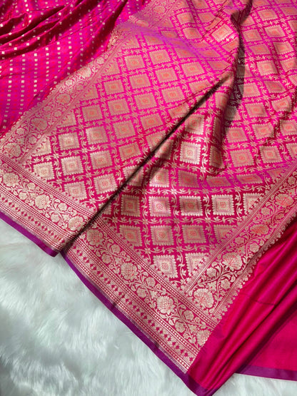 Cross Floral Dot Motifs Banarasi Mashru Silk Saree in Rani Pink Shades