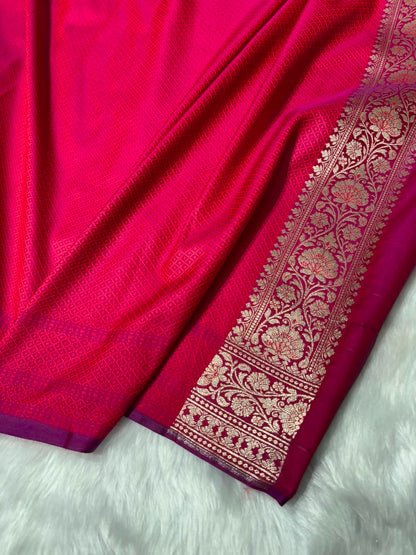 Cross Floral Dot Motifs Banarasi Mashru Silk Saree in Rani Pink Shades