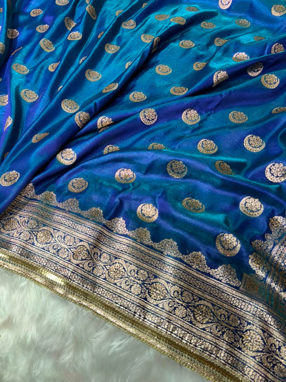 Satin Silk Chand Tara Saree with Swarovski and Gota Patti in Peacock Shades