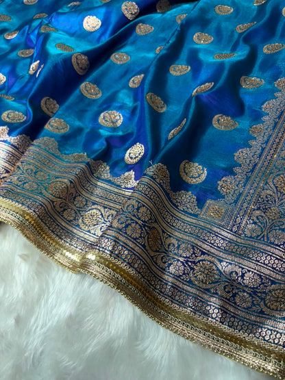 Satin Silk Chand Tara Saree with Swarovski and Gota Patti in Peacock Shades