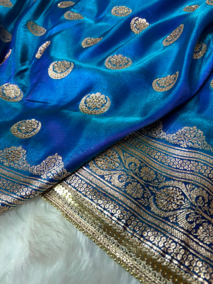Satin Silk Chand Tara Saree with Swarovski and Gota Patti in Peacock Shades
