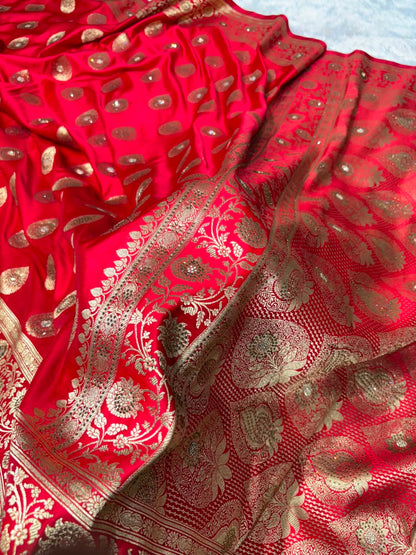Premium Banarasi Satin Katan Saree Swarovski Work Boota Pattern in Red Shades