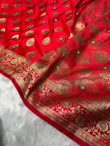 Premium Banarasi Satin Katan Saree Swarovski Work Boota Pattern in Red Shades