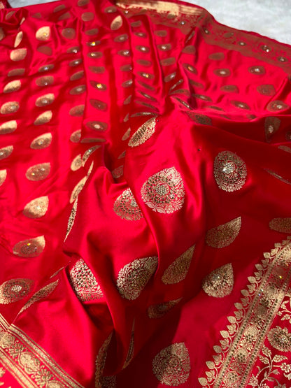 Premium Banarasi Satin Katan Saree Swarovski Work Boota Pattern in Red Shades