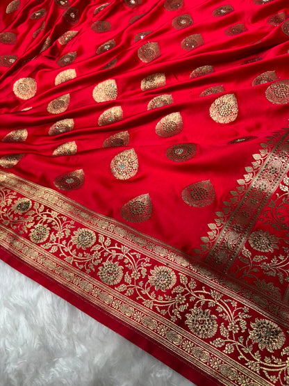 Premium Banarasi Satin Katan Saree Swarovski Work Boota Pattern in Red Shades