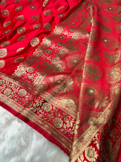 Premium Banarasi Satin Katan Saree Swarovski Work Boota Pattern in Red Shades