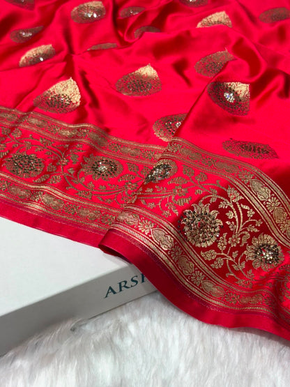Premium Banarasi Satin Katan Saree Swarovski Work Boota Pattern in Red Shades