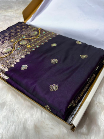 Blackish Purple With Swarovski Work Booti Mashru Silk Saree