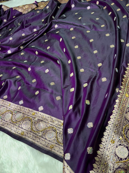 Blackish Purple With Swarovski Work Booti Mashru Silk Saree
