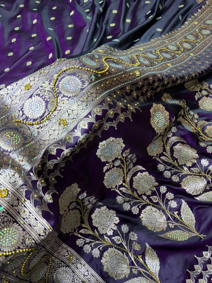 Blackish Purple With Swarovski Work Booti Mashru Silk Saree