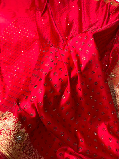 Red With Swarovski Work Booti Mashru Silk Saree