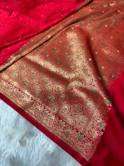 Red With Swarovski Work Booti Mashru Silk Saree