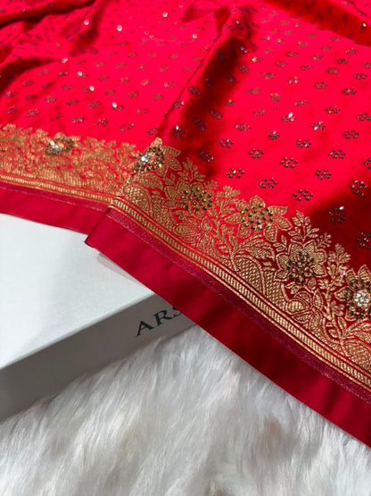 Red With Swarovski Work Booti Mashru Silk Saree
