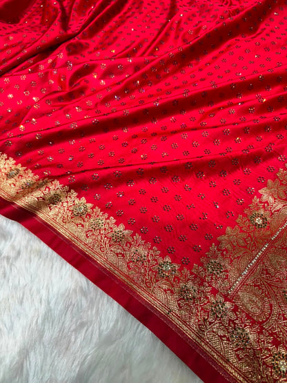 Red With Swarovski Work Booti Mashru Silk Saree