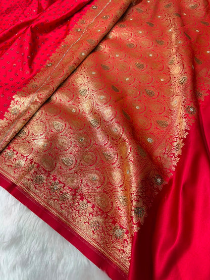 Red With Swarovski Work Booti Mashru Silk Saree