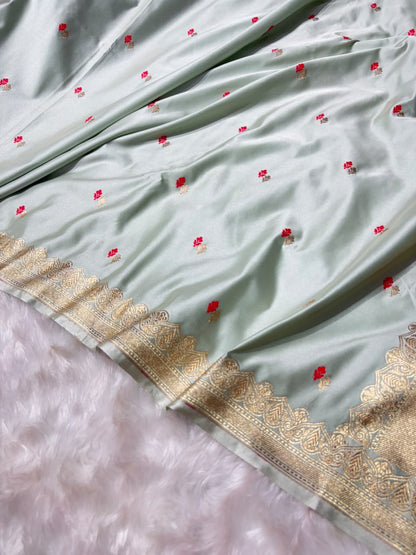 Ice Green Shades Booti Pattern Mashru Silk Saree