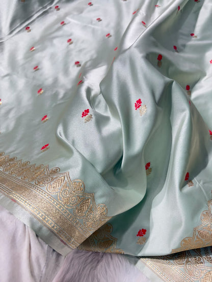 Ice Green Shades Booti Pattern Mashru Silk Saree