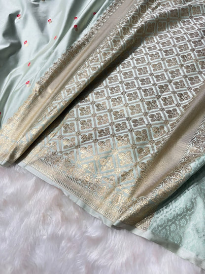 Ice Green Shades Booti Pattern Mashru Silk Saree