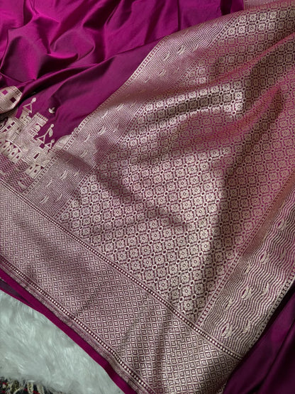 Banarasi Ghat Pattern Purple Satin Katan Silk Saree