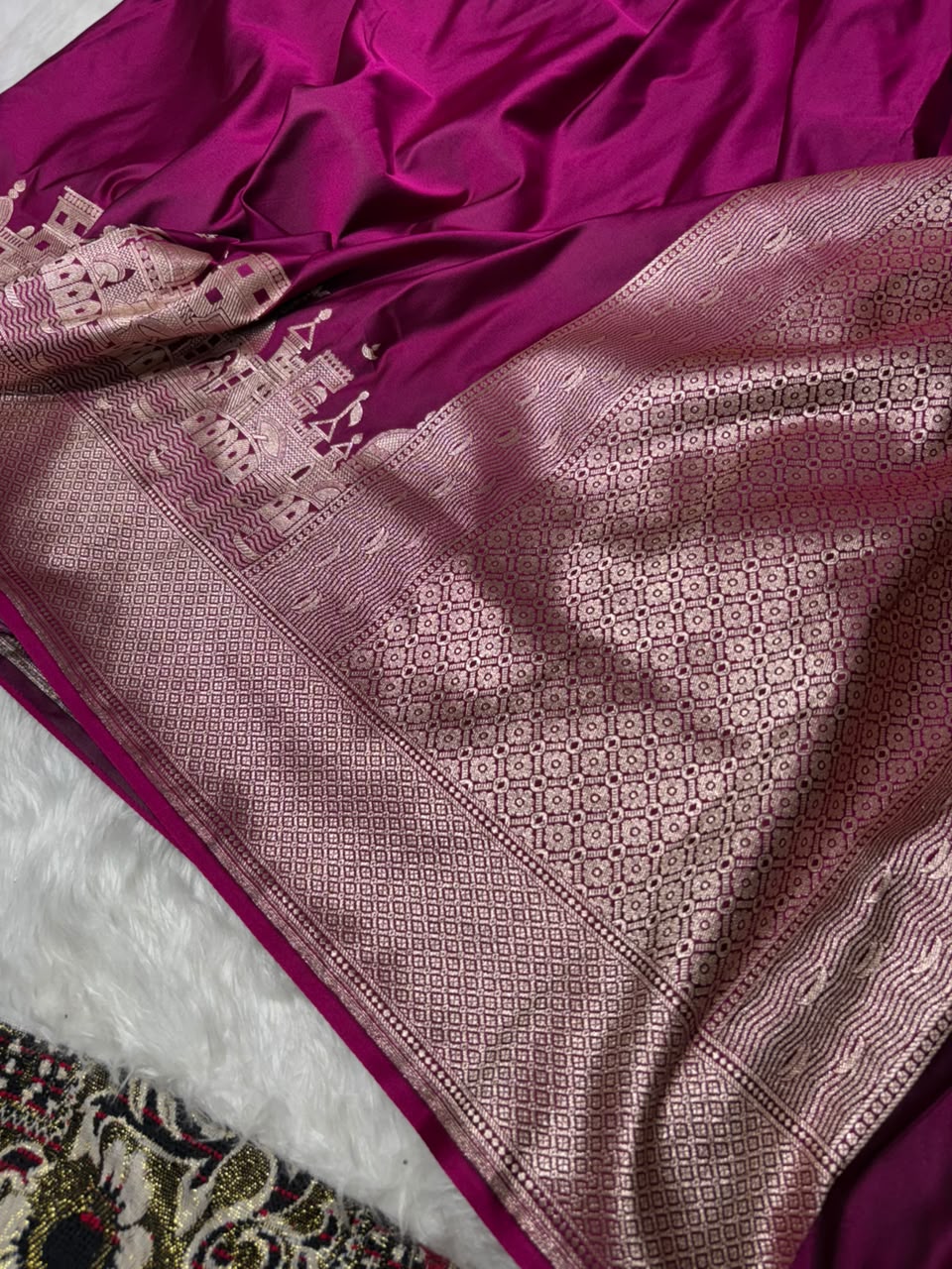 Banarasi Ghat Pattern Purple Satin Katan Silk Saree