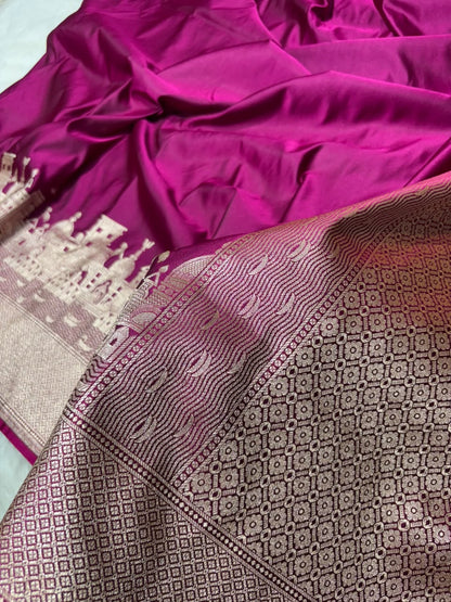 Banarasi Ghat Pattern Purple Satin Katan Silk Saree