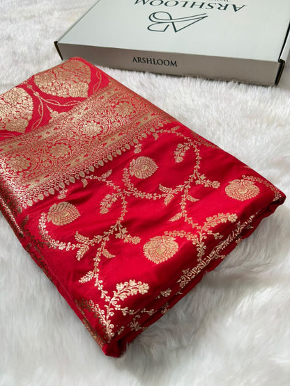 Banarasi Satin Katan Saree Floral Boota Pattern in Red Shades