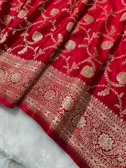 Banarasi Satin Katan Saree Floral Boota Pattern in Red Shades