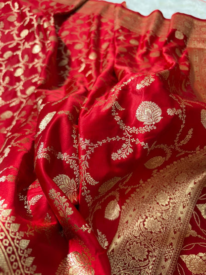 Banarasi Satin Katan Saree Floral Boota Pattern in Red Shades