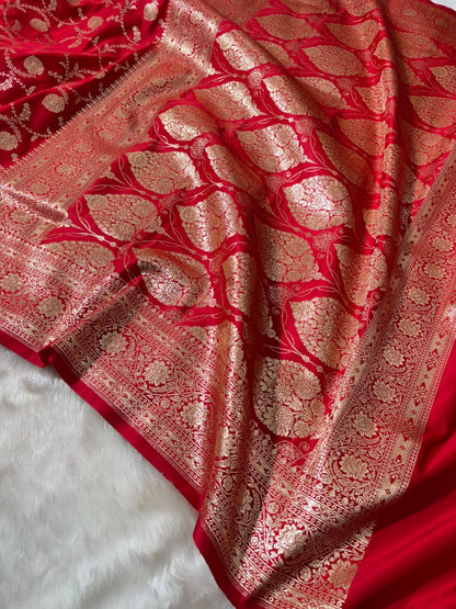 Banarasi Satin Katan Saree Floral Boota Pattern in Red Shades