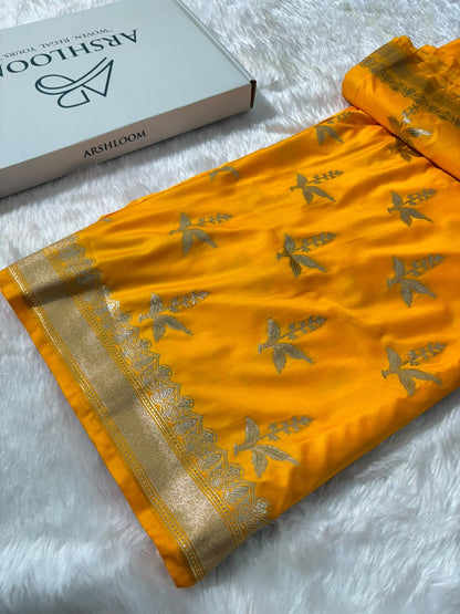 Yellow Shade Floral Motifs Mashru Silk Saree