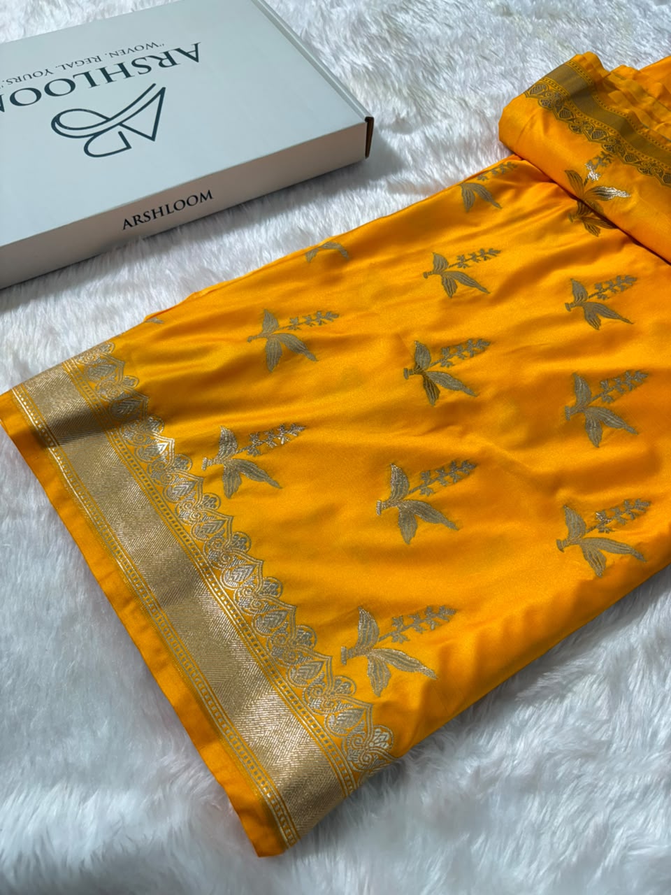 Yellow Shade Floral Motifs Mashru Silk Saree