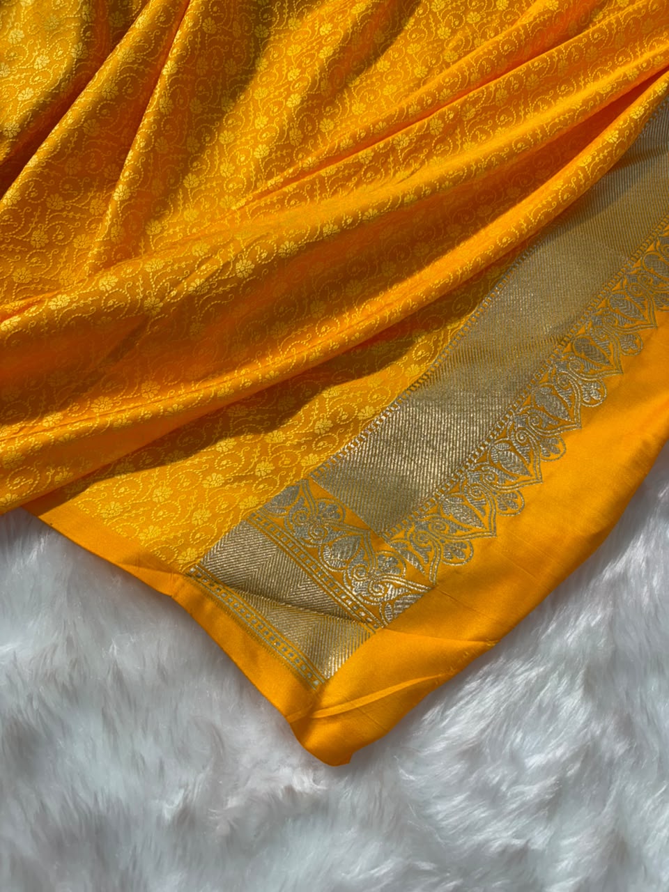Yellow Shade Floral Motifs Mashru Silk Saree