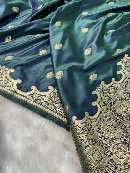 Cross Dark Peacock Shades Boota Unique Border Mashru Silk Saree