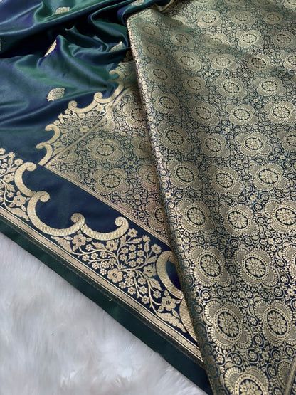 Cross Dark Peacock Shades Boota Unique Border Mashru Silk Saree